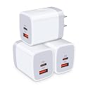 USB C Power Adapter,3Pack 20W 2 Port PD&QC 3.0 Type C Fast Charging Block Wall Charger Compatible for iPhone 17 16e 16 15 14 13 12 11 Pro