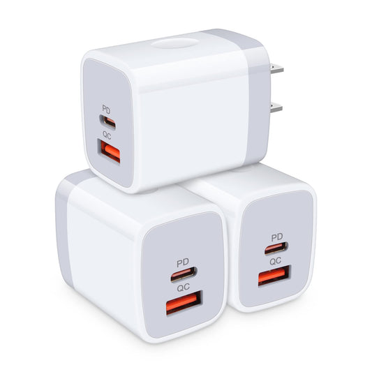 USB C Power Adapter,3Pack 20W 2 Port PD&QC 3.0 Type C Fast Charging Block Wall Charger Compatible for iPhone 17 16e 16 15 14 13 12 11 Pro