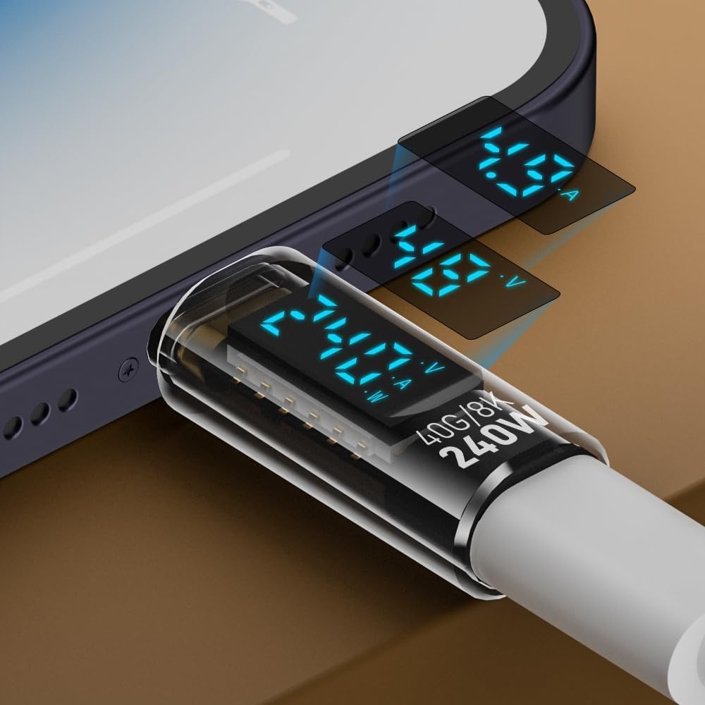 Transparent LED Display PD 240W USB4.0 40Gbps Type C to C OTG Adapter 8K@60Hz 5A Fast Charging Cable for Mobile Phone, Laptop and More