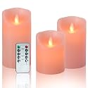 Flameless LED Battery Operated Flickering Candles: 4" 5" 6" Set of 3 Pink Real Wax Pillar Dancing Flame 10-Key Remote Control Candle Lights 300Hours