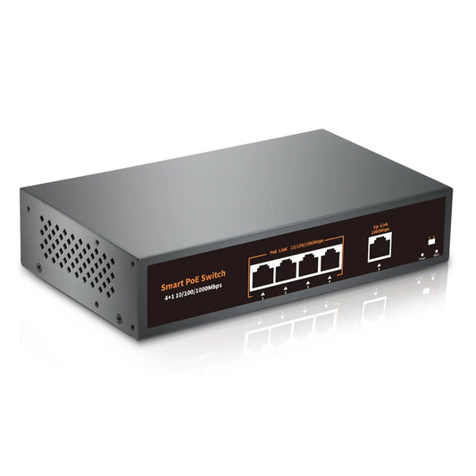 5-Port Gigabit POE Switch with 1 Gigabit Uplink, 4 POE+ Ports-1000Mbps, 75W 802.3af/at, Metal Desktop Wall Mountable, VLAN Function, Extend to 100M
