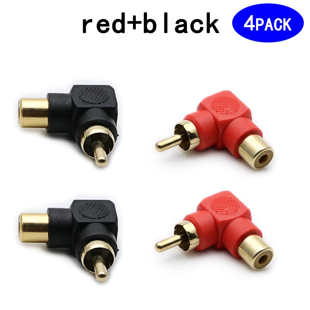 rgzhihuifz RCA Male to RCA Female Connectors Right Angle Plug Adapters M/F 90 Degree Elbow Gold-Plated (2 Black + 2 Red) (4-Pack)
