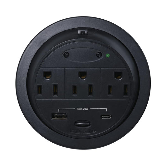 Kable Kontrol Recessed Power Grommet Desk Outlet, 3 AC Outlets,1 USB-A, 1 USB-C, 8’ Ft Power Cord, Flush Mount Fast Charging Station, for Office