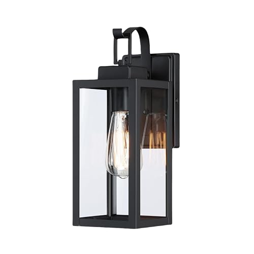 WISBEAM Black 13.7in Outdoor Wall Lantern for House, Black Outdoor Porch Sconce Light Fixture, E26 Base 60W Max, Metal Housing Plus Glass, ETL