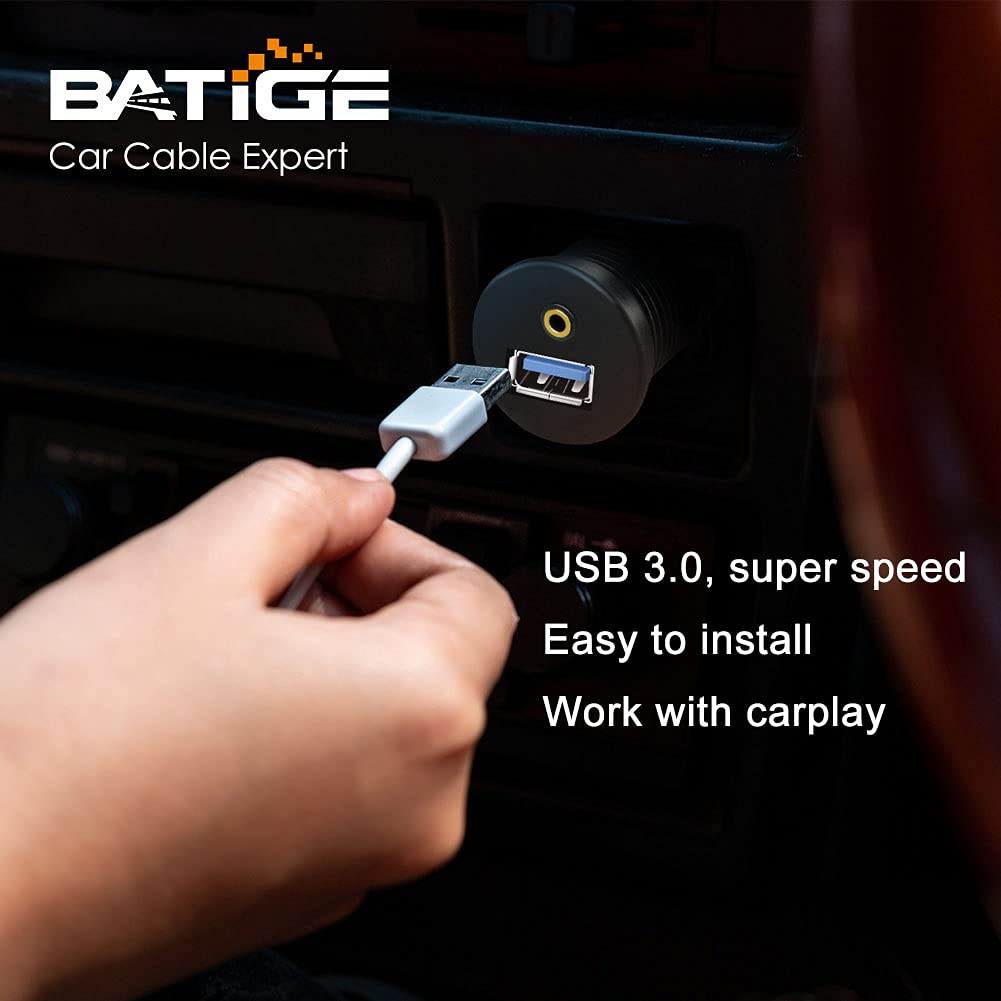 BATIGE USB 3.0 & 3.5mm Car Mount Flush Cable, 3ft