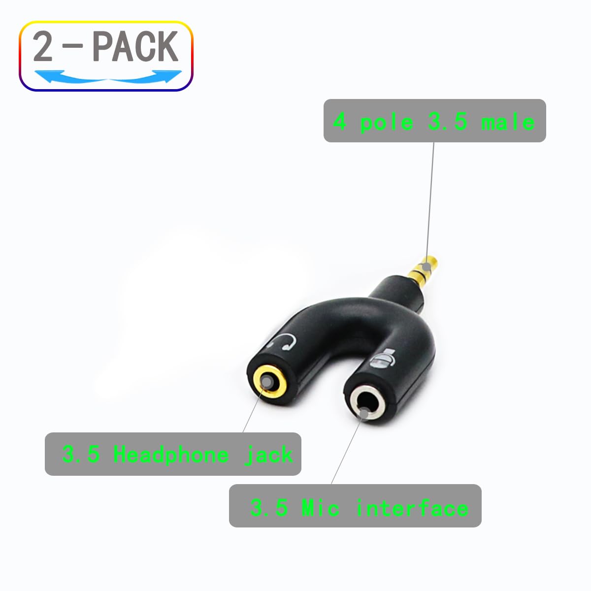 ZJKJHJY 2 Pack Headset Splitter Adapter, U Shape 3.5mm 4 Pole Male to 2 x 3 Pole Female Headphone Y Splitter