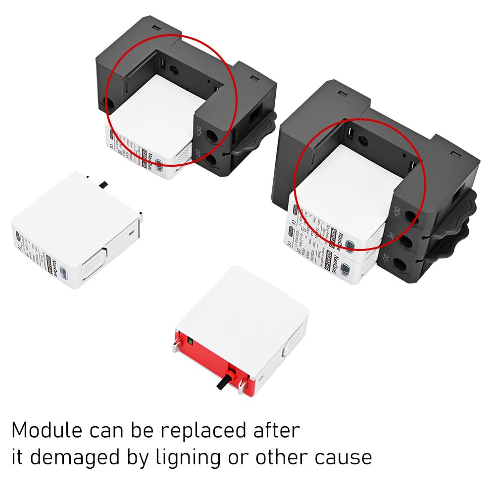 DC SPD Surge Protector for 100V-1000V PV Systems, 2-Pole 40kA T2 Level, Replaceable Module, Solar Panel Lightning Protection, Overvoltage Protection