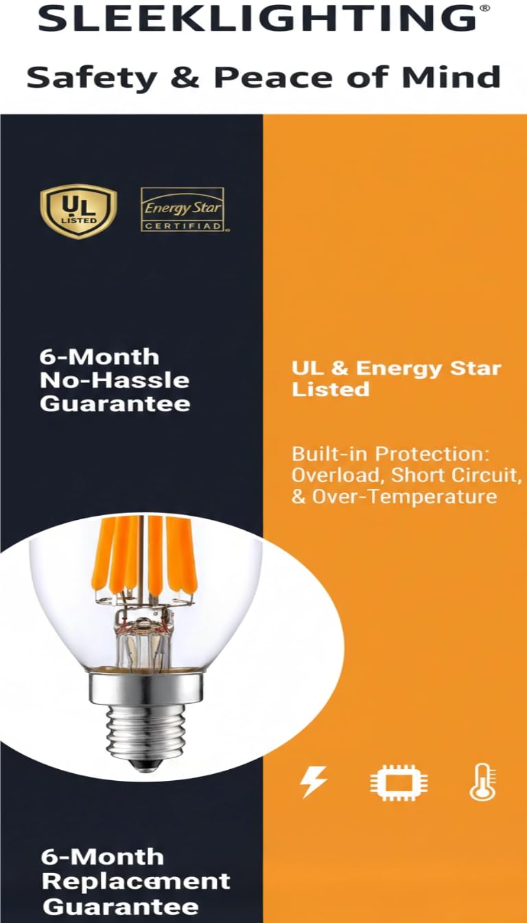 SLEEKLIGHTING 6-Watt E12 LED Filament UL and Energy Star Listed Candelabra Light Bulb - Dimmable (60W Incandescent Replacement) - Warm White 2700K