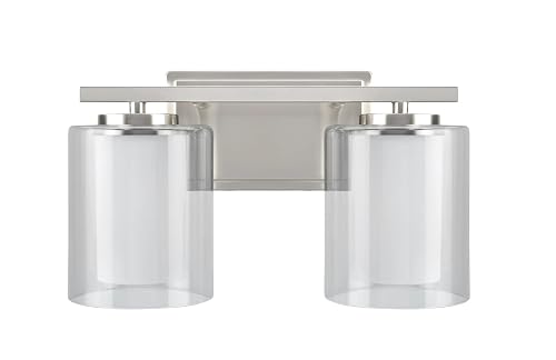 Aspen Creative 62102A, Two-Light Metal Bathroom Vanity Wall Light Fixture, 13 1/2" Wide, Transitional Design in Satin Nickel with Clear Glass Shade