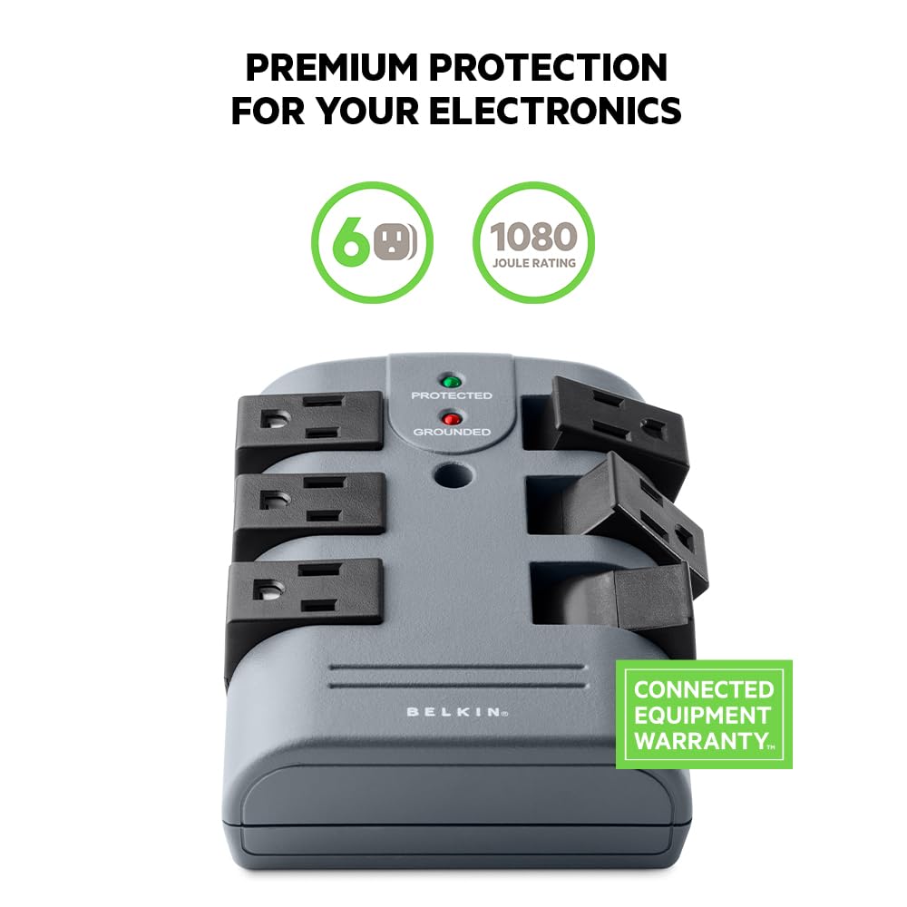 Belkin Power Strip Surge Protector - 6 Rotating AC Multiple Outlets, Flat Pivot Plug - Heavy Duty Wall Outlet Extender for Home, Office, Travel