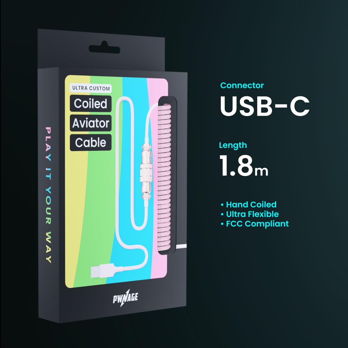 PWNAGE Ultra Custom Coiled Aviator USB C Cable for Gaming Keyboard, Double-Sleeved Mechanical Keyboard Cable with Detachable Metal Aviator, 1.8M USB-A