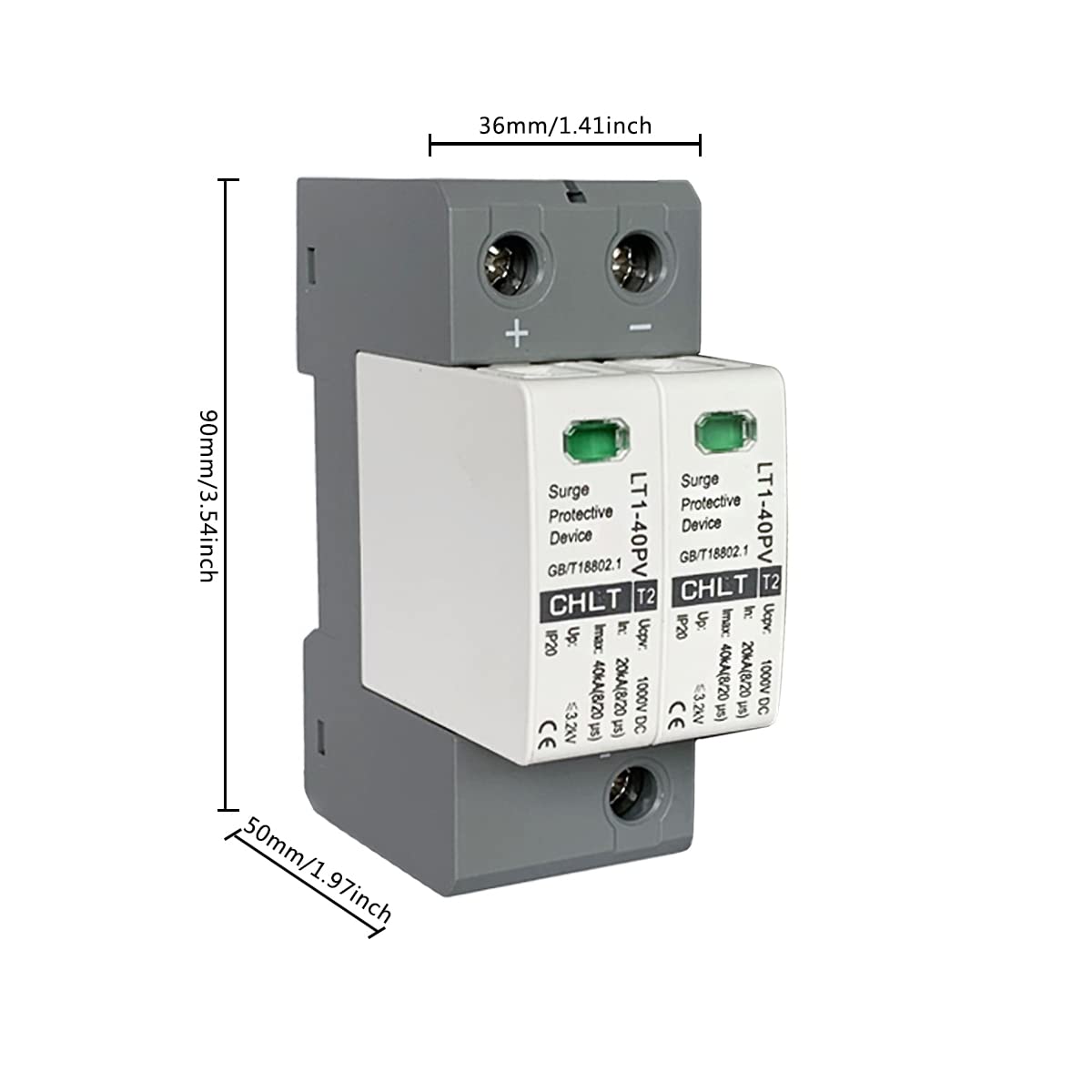 2P Surge Arrester Device, DC Protector Breaker Device 1000V DC Voltage PC Flame Retardant Shell Low Voltage Arrester 3.0KV Lightning Photovoltaic