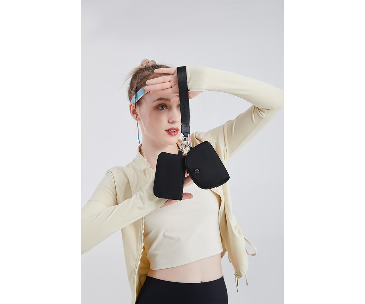 WSRYDJDL Mini Zip Around Wristlet Wallet for Women Detachable Dual Pouch Wristlet Portable Coin Pocket Keychain Small Purse (Black+Black)