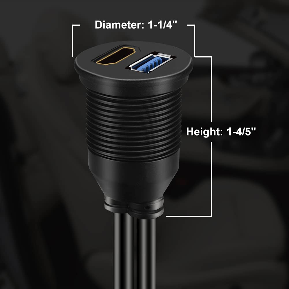BATIGE USB 3.0 & HDMI to HDMI + USB3.0 AUX Extension Dash Panel Waterproof Car Flush Mount Cable for Car Boat and Motorcycle - 3ft