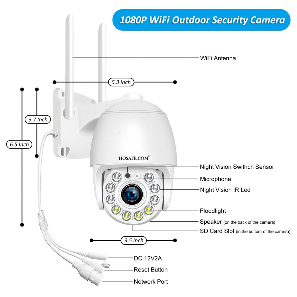 HOSAFE.COM Cameras for Home Security Outdoor WiFi, Plug-in 24/7 Video Surveillance System, Spotlight Color Night Vision, Human Motion Detection, PTZ