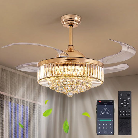 CROSSIO 48" Modern Gold Crystal Ceiling Fan with Light and Remote Crystal Fandelier LED Dimmable Chandelier Fan with Invisible Reversible Fan Blades