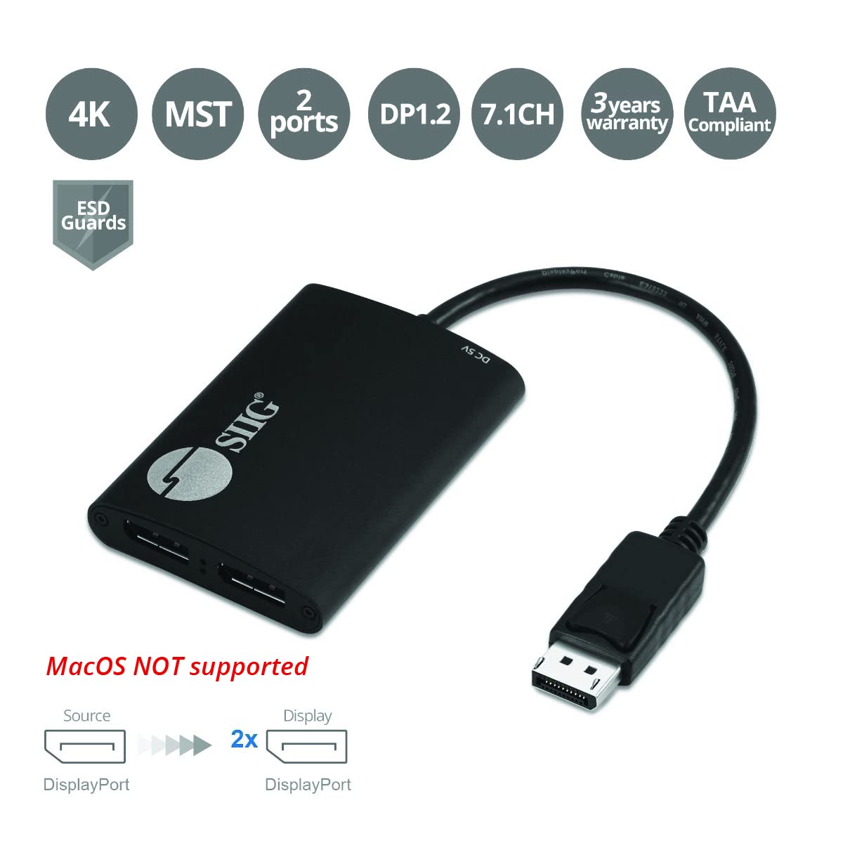 SIIG DisplayPort 1.2 to Dual DisplayPort MST Hub, 4K, TAA, CE-DP0H11-S1