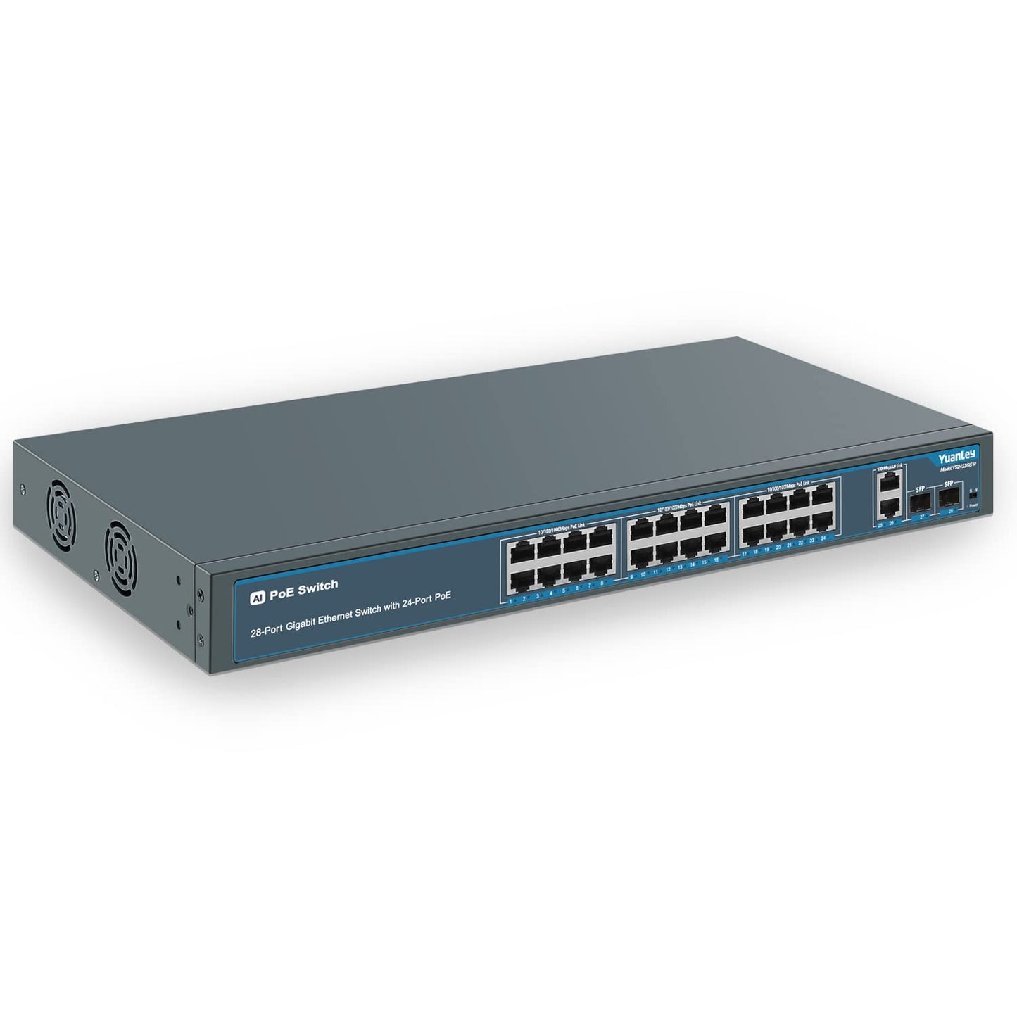 24 Port Gigabit Ethernet PoE Switch with 2 Uplink Gigabit Port & 2 SFP Port, YuanLey Unmanaged 24 Port PoE+ Network Switch, Rackmout, Build in 400W