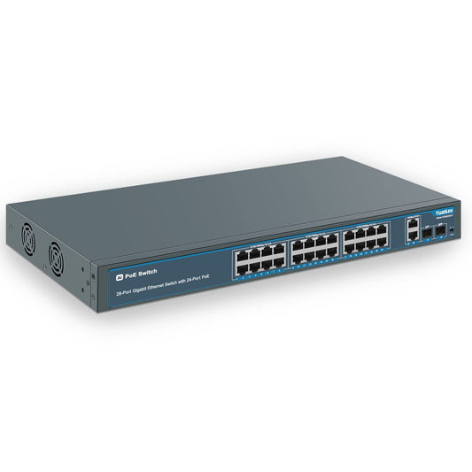 24 Port Gigabit Ethernet PoE Switch with 2 Uplink Gigabit Port & 2 SFP Port, YuanLey Unmanaged 24 Port PoE+ Network Switch, Rackmout, Build in 400W