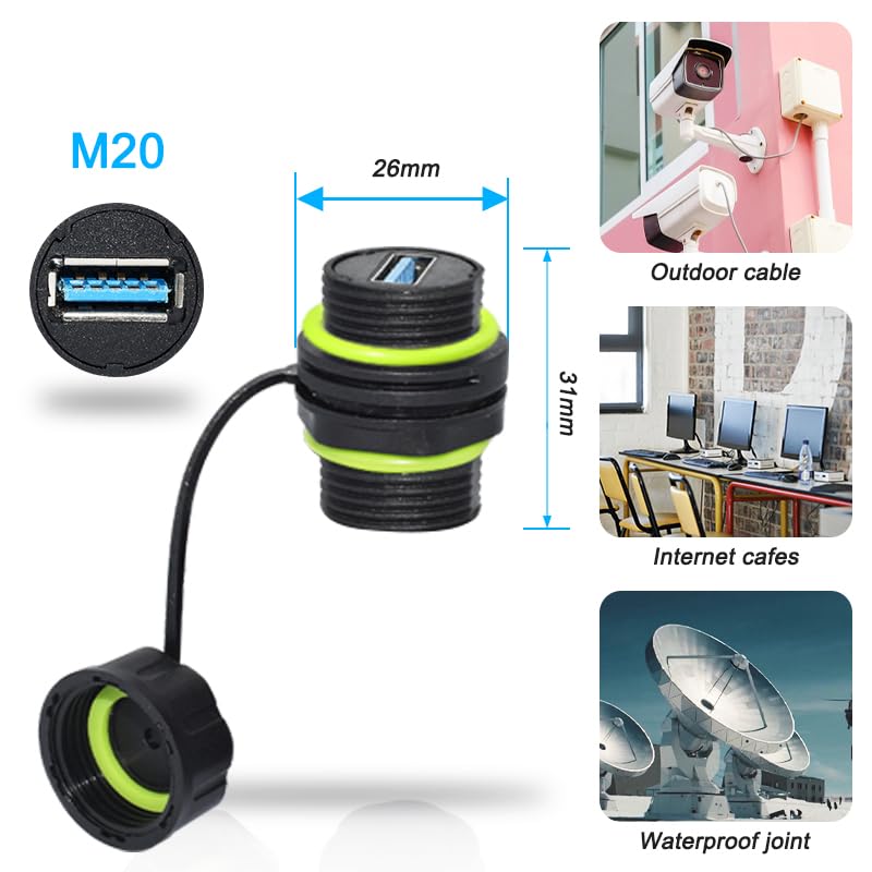 ELifeApply Waterproof Panel USB Connector, Waterproof IP68 USB 3.0 Panel Mount Connector, Female to Female, Bulkhead Extension Adapter, YPM20 2 PCS