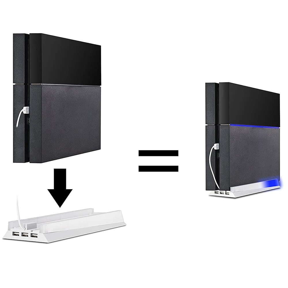 KlsyChry Vertical Stand for PS4 White, Blue Light Base Led Bracket Mount Holder Stand for PS4 PlayStation 4 Console with 3 USB Hub Ports -White