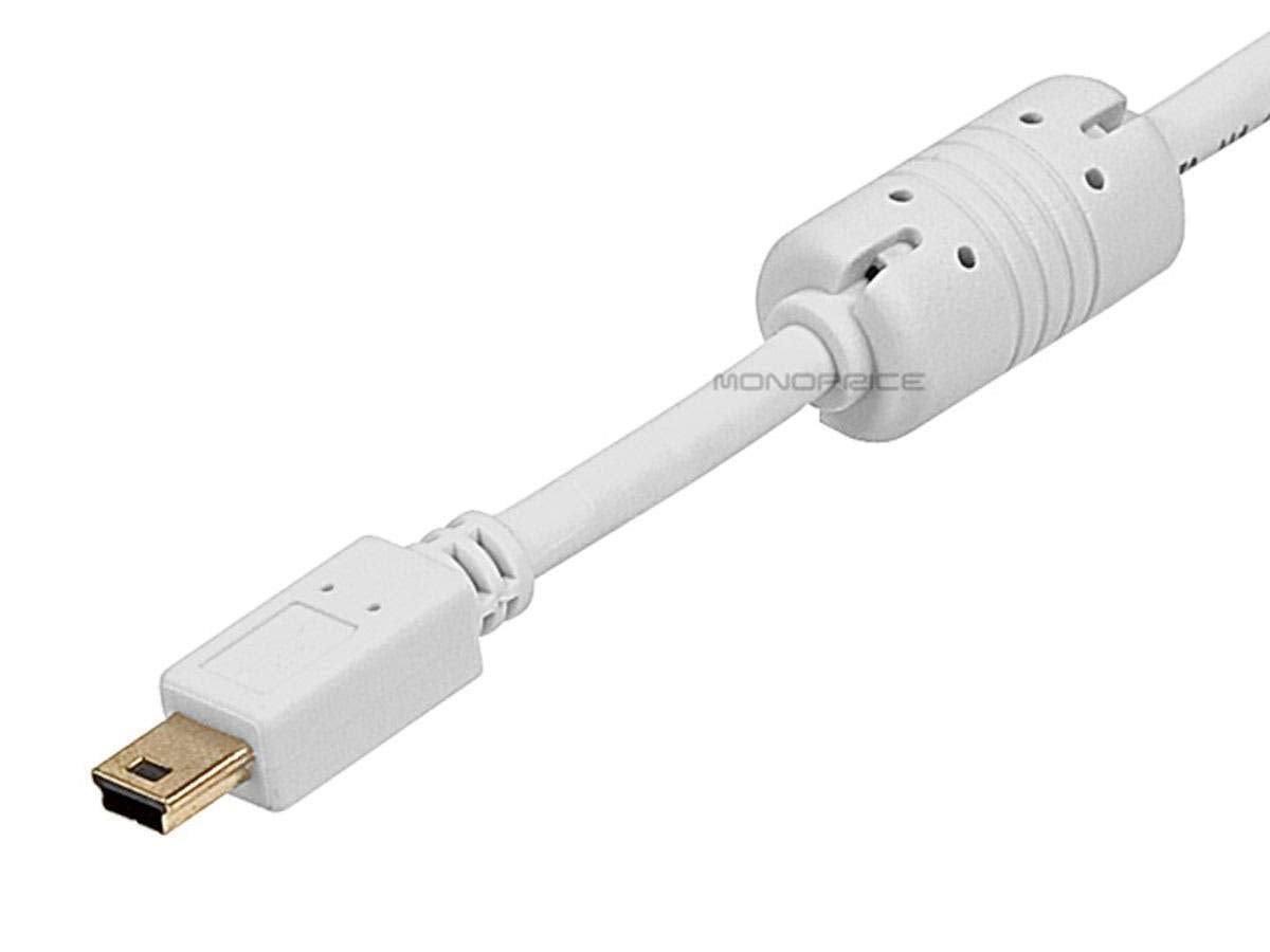 Monoprice 15-Feet USB 2.0 A Male to Mini-B 5pin Male 28/24AWG Cable with Ferrite Core (Gold Plated), White (108636)