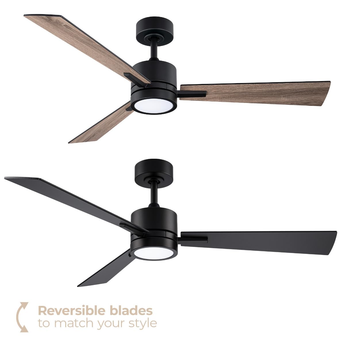 Bali 42in 3-Blade Smart Indoor or Outdoor Ceiling Fan 2700K-6000K CCT Tunable Range LED Light Kit in Matte Black with Reversible Black and Weathered