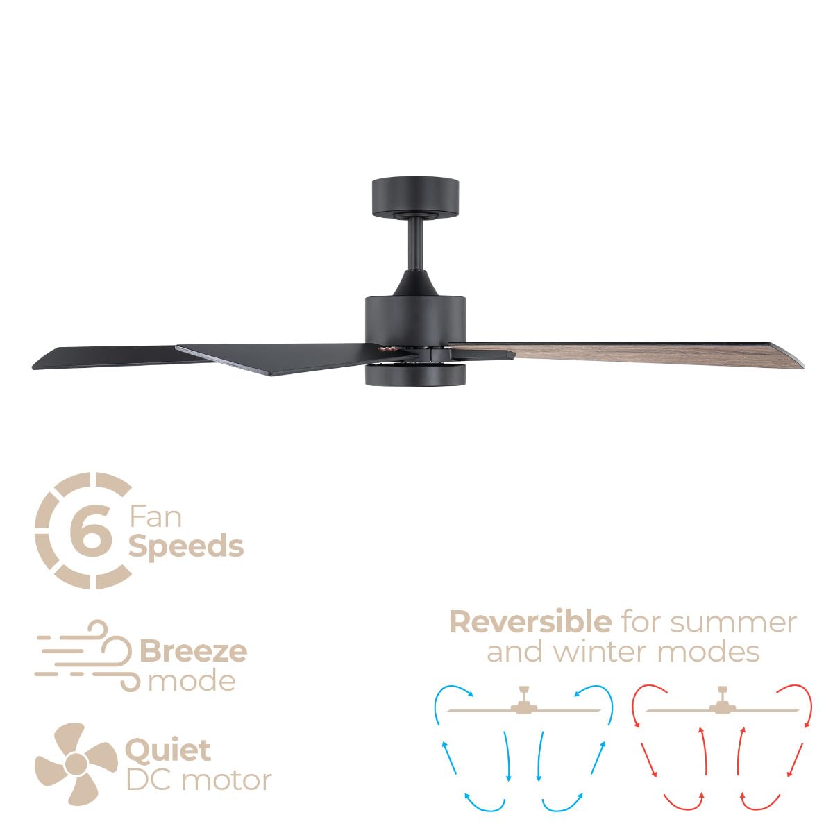 Bali 52in 5-Blade Smart Indoor or Outdoor Ceiling Fan 2700K-6000K CCT Tunable Range LED Light Kit in Matte Black with Reversible Black and Weathered