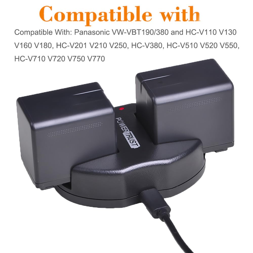 PowerTrust 2-Pack VW-VBT380 VW-VBT190 Battery and Dual USB Charger for Panasonic HC-V250, HC-V380, HC-V510, HC-V520, HC-V550, HC-V710, HC-V720