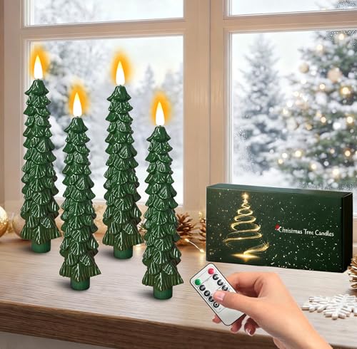 Htscudtg Christmas Tree Candles with Remote Timer, 4 Pcs 9.6" LED Flameless Taper Candles, Battery Operated Xmas Green Tree Shaped Candlesticks