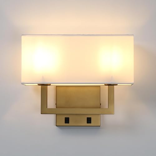 Yosoan Indoor Bedside Wall Sconce with On Off Switch, Modern Boho Interior Finish Brass 2-Light Vanity Vintage Industrial with Square White Fabric