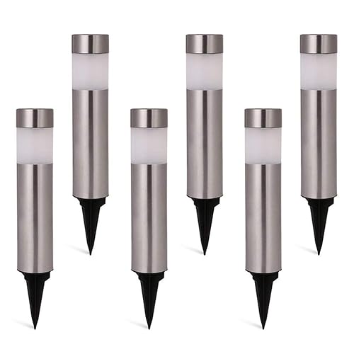SUNWIND Solar Bollard Lights Outdoor - 6 Pack Stainless Steel Warm White LED Landscape Lights Waterproof Decorative Lighting for Backyard Lawn Patio