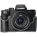 G100K Case, BMAOLLONGB Handmade PU Leather Half Camera Case Bag Cover Bottom Opening Version for Panasonic Lumix G100K with Neck Strap (Black)