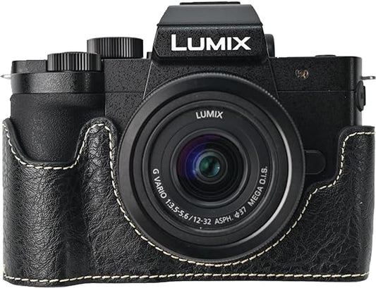 G100K Case, BMAOLLONGB Handmade PU Leather Half Camera Case Bag Cover Bottom Opening Version for Panasonic Lumix G100K with Neck Strap (Black)