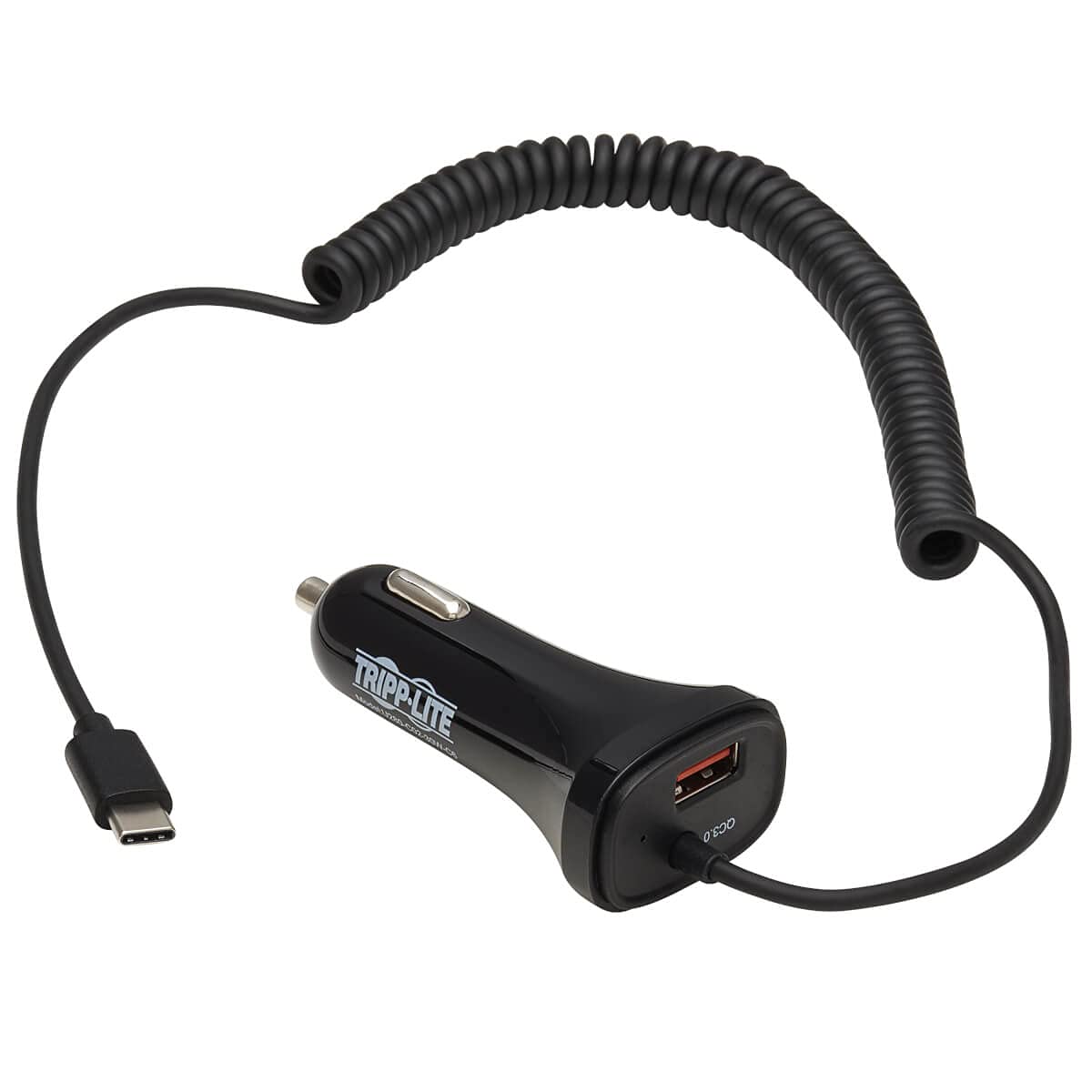 Tripp Lite USB Dual Port Car Charger, USB-C 18W QC 3.0 and USB-A 12W Dual Port USB Car Charger, Coiled USB Charging Cable, Black (U280-C02-30W-C6)