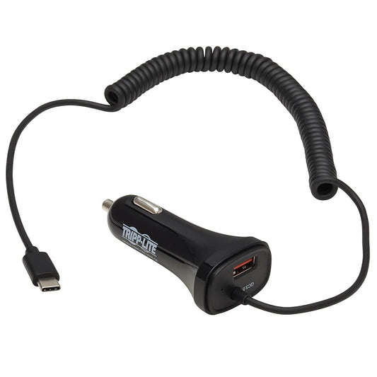 Tripp Lite USB Dual Port Car Charger, USB-C 18W QC 3.0 and USB-A 12W Dual Port USB Car Charger, Coiled USB Charging Cable, Black (U280-C02-30W-C6)