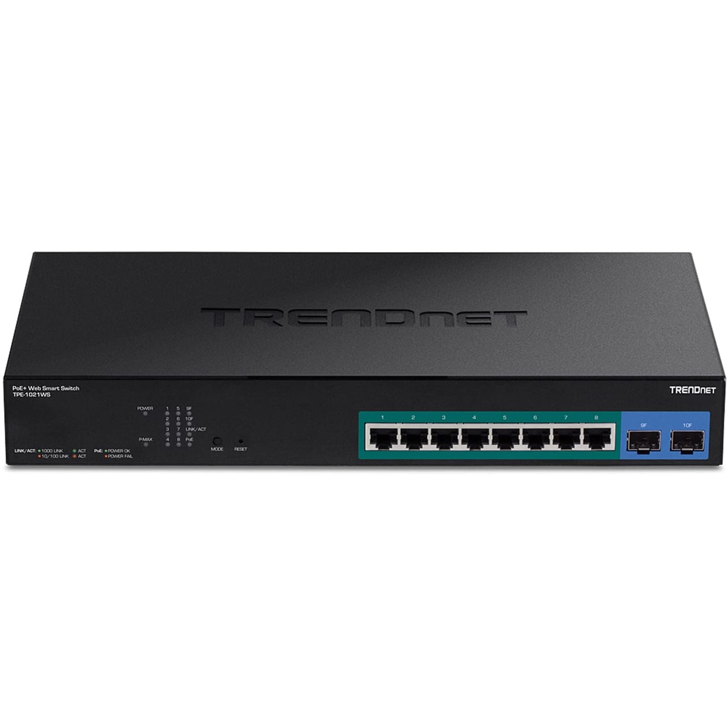TRENDnet 10-Port Gigabit Web Smart PoE+ Switch with 8 Gigabit PoE+ Ports, 2 SFP Slots, 130W PoE Budget, VLAN, QoS, LACP, IPv4/IPv6 Static
