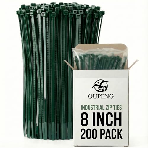200PCS Nylon Zip Ties - 8 Inch Green,Multi-Purpose Self Locking Cable Ties,Ultra Strong Plastic Wire Ties with 40lb Tensile Strength,Cable Ties