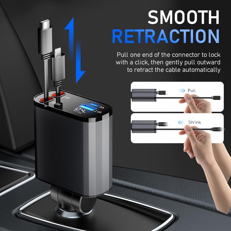 TICCI Retractable Car Charger [60W USB C with Cables] 4-in-1 Retractable Car Charger Fast Charging for iPhone 16, 15, 14, 13, 12 Series, USB-C