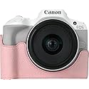 R50 Case, BMAOLLONGB Handmade PU Lichee Leather Half Camera Case Bag Cover Bottom Opening Version for Canon Eos R50 with Hand Strap (Pink)
