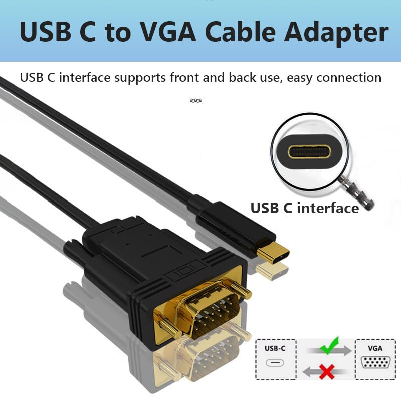 USB C to VGA Cable 6 Feet, USB Type-C to VGA Adapter Thunderbolt 3/4 Compatible with MacBook Pro, iPhone 16 Pro Max, iPad Pro, Samsung Galaxy S24/ S23