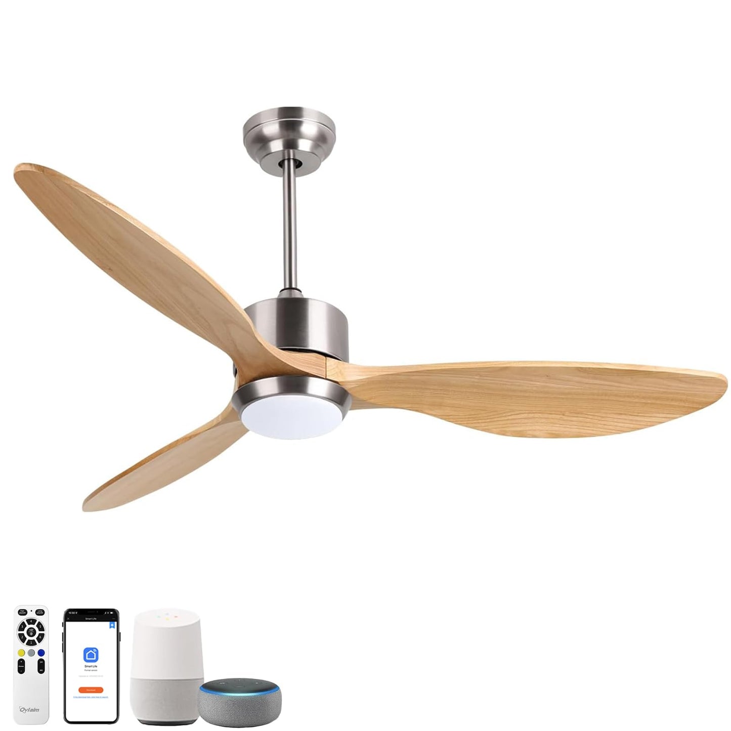 Ovlaim 52 Inch Wood Ceiling Fan with Light, Quiet DC Motor, Smart 6-Speed