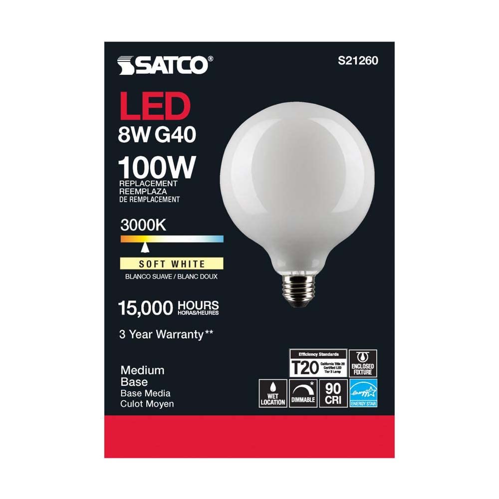 Satco S21260 8-Watt LED Light Bulbs G40 Globe Soft White 3000K 800 Lumen Medium Base E26 White Gloss Finish Dimmable Wet Location 120V - 6 Pack