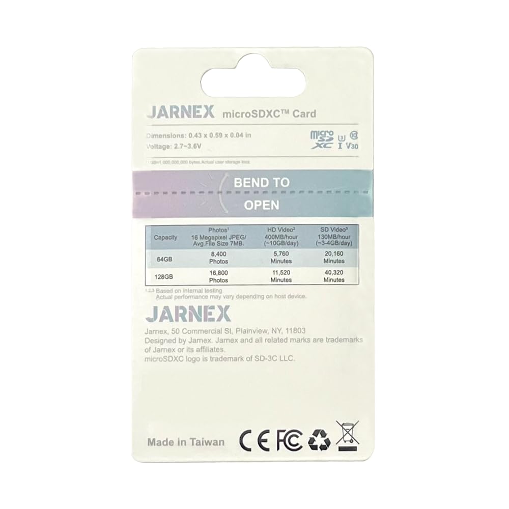 Jarnex Micros SD Memory Card, High Endurance Video MicroSDXC Card, Class 10, U3, V30, 4K UHD-I, High Speed Flash TF Card