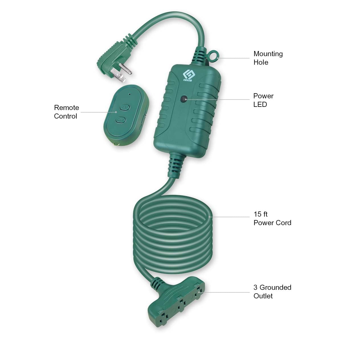 OSKOS Outdoor 3 Grounded Outlets with Wireless Remote Control, 15 ft Power Cord, Green.