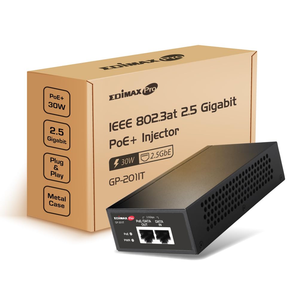 Edimax Pro Gigabit PoE+ 30W Injector Adapter, 2.5 Gbps, Adds Power to PoE Powered Device (PD) for up to 100 Meters (328ft), Powers IP Cameras, IP