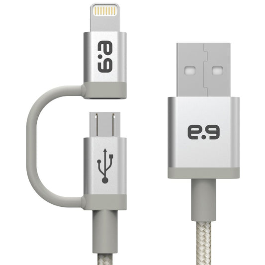 PureGear 2-in-1 Braided Charge-Sync Cable with Lightning to Micro USB Adapter - Metallic Silver 48"