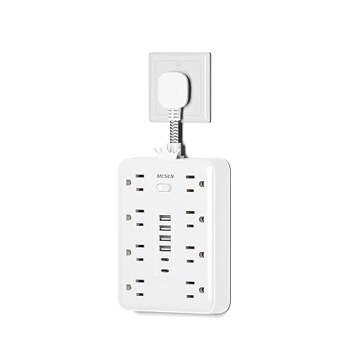 Short Extension Cord 0.082 ft - Flat Plug Small Power Strip Surge Protector with 8 Outlets, 6 USB Charging Ports (2 USB-C), Multi Plug Wall Outlet