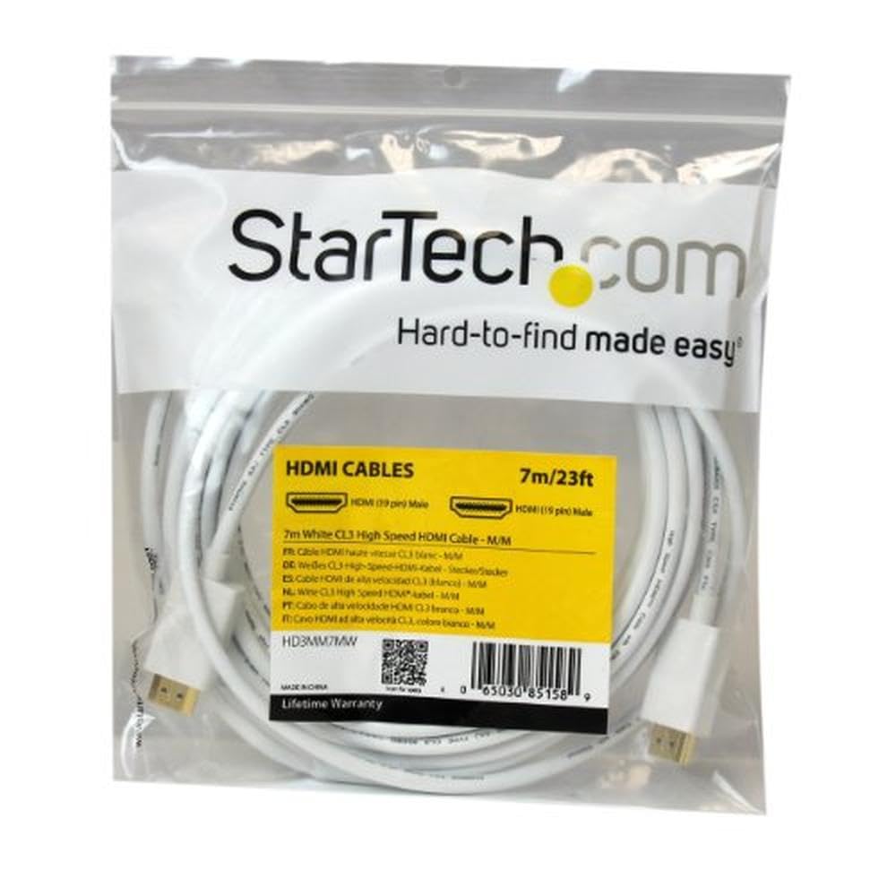 StarTech 23ft in-wall HDMI Cable, 4K 30Hz, Male to Male, White (HD3MM7MW)