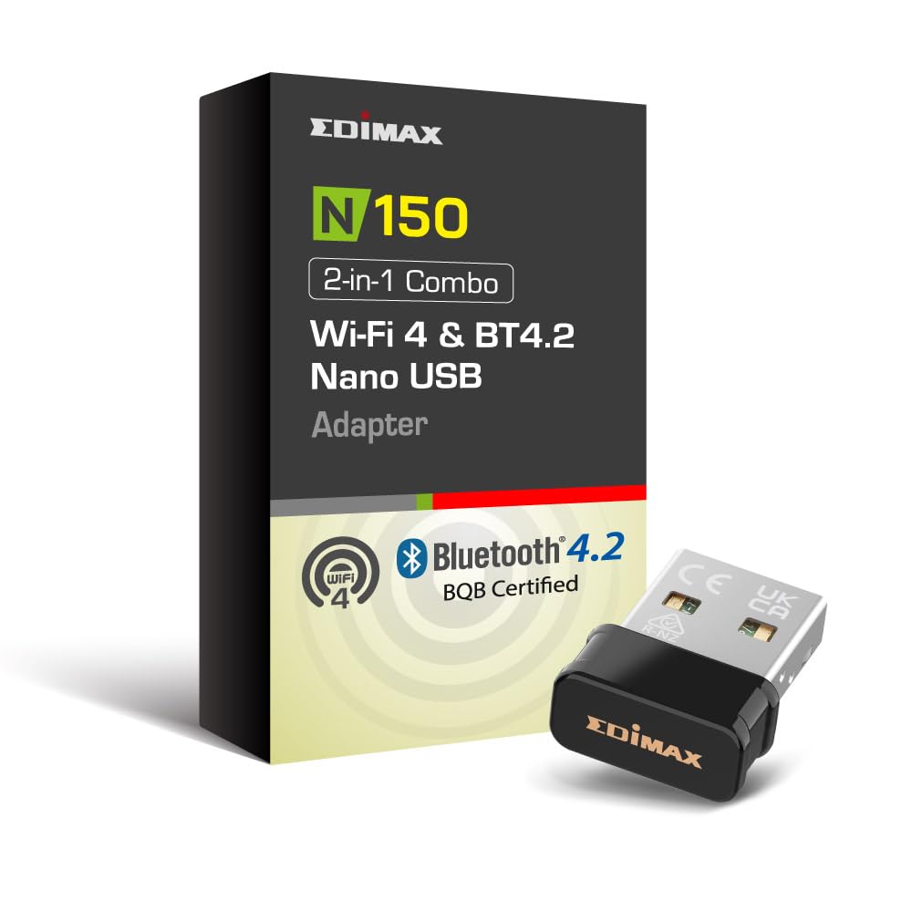 Edimax *New* 2-in-1 Wi-Fi 4 + BLE Adapter, N150 + Bluetooth v4.2 (2.6X Faster) + Low Energy (LE) Combo for PC, Wireless Nano USB Dongle, Supports
